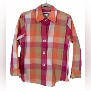 Foxcroft NYC Wrinkle Free Button Up Pink Orange Plaid Spring Size 6 Shaped